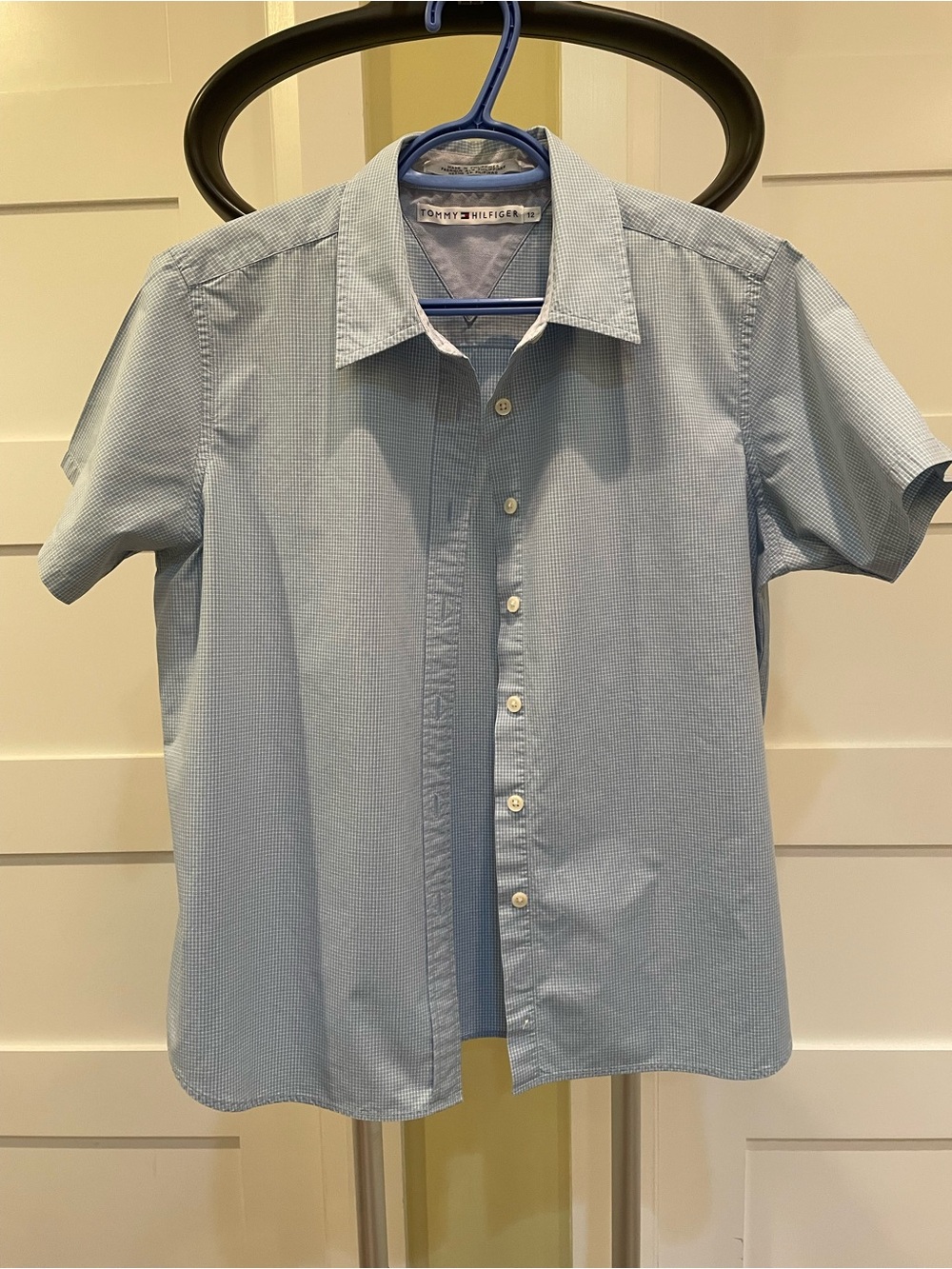 Tommy Hilfiger Ladies Light Blue Short Sleeve Button-Up Shirt